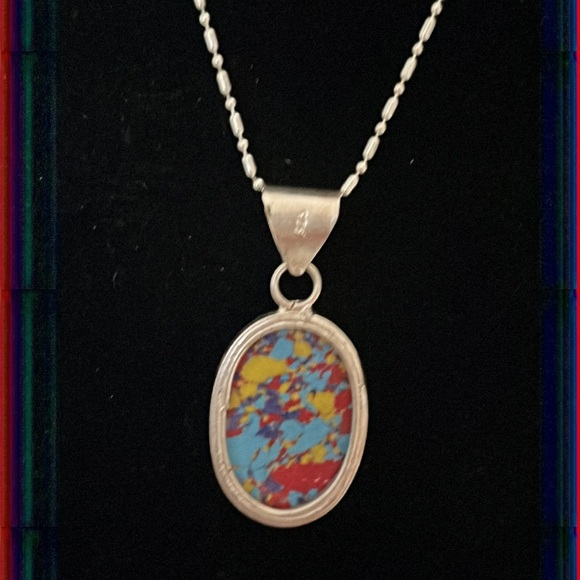 Rainbow Mosaic Jasper 925 Sterling Silver Pendant. - Picture 8 of 10